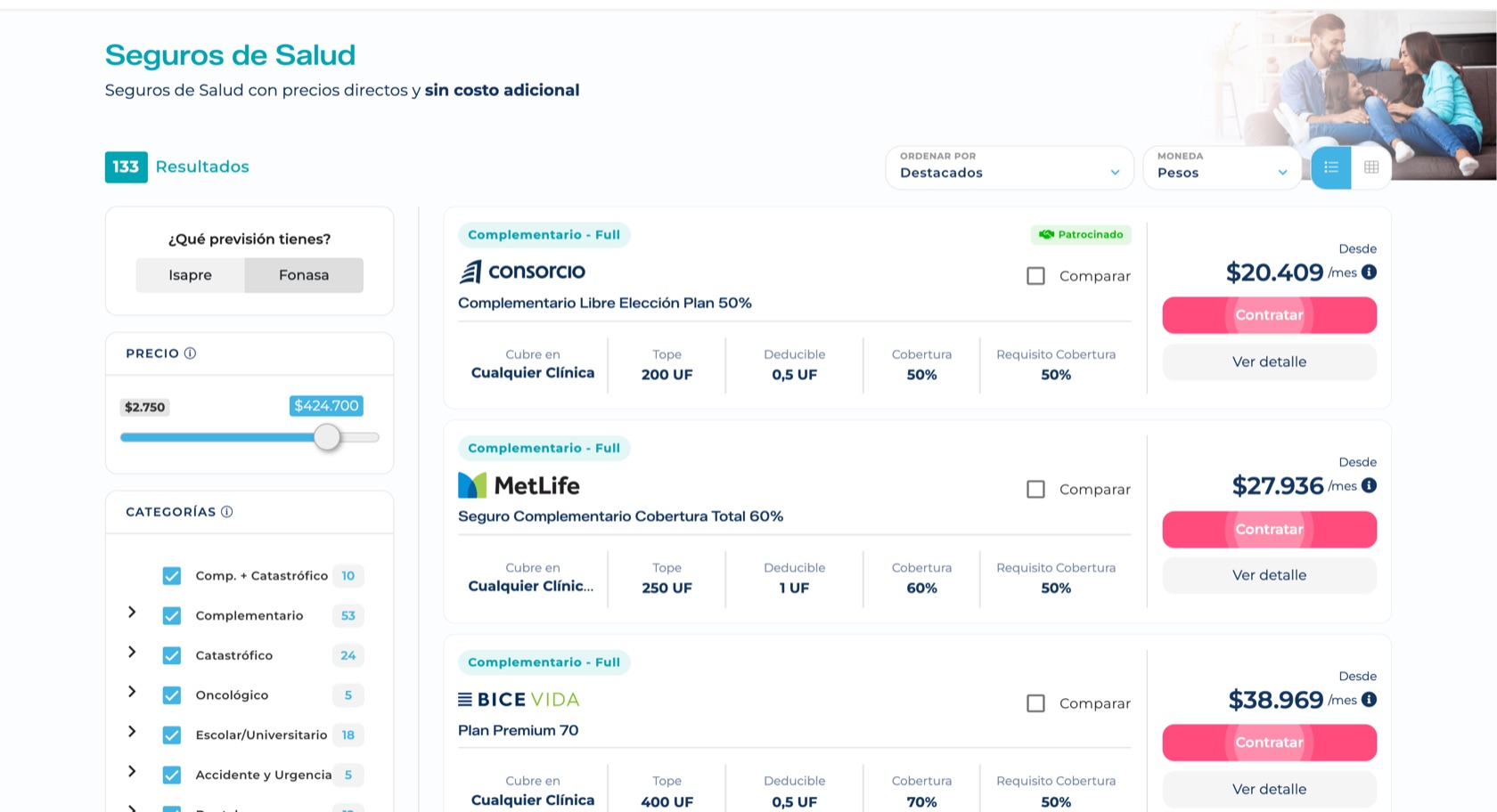 QuePlan.cl live comparator showing real health insurance plans from Consorcio, MetLife and BICE Vida with prices and coverage details